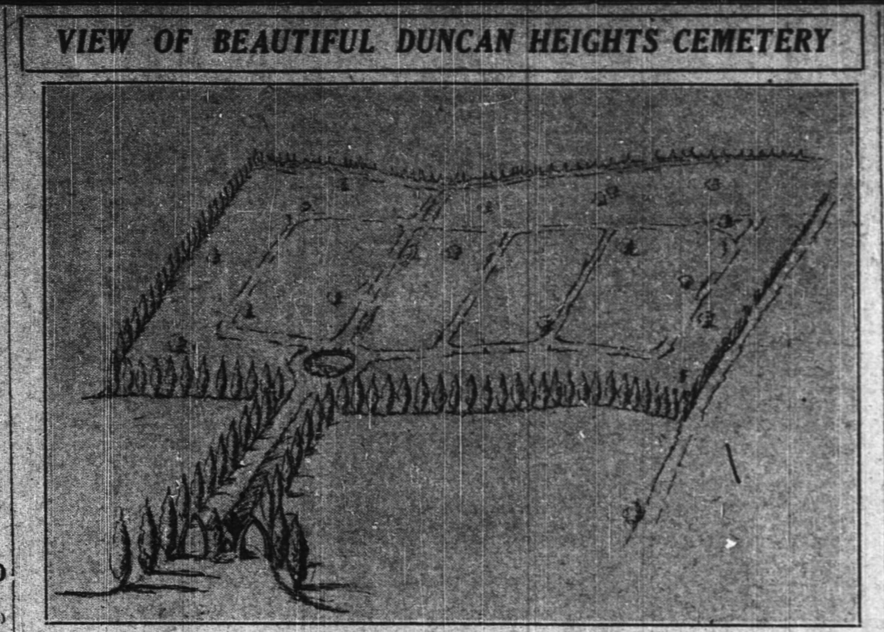 Scanned 1931 newspaper illustration showing a bird's-eye sketch of the planned cemetery grounds.